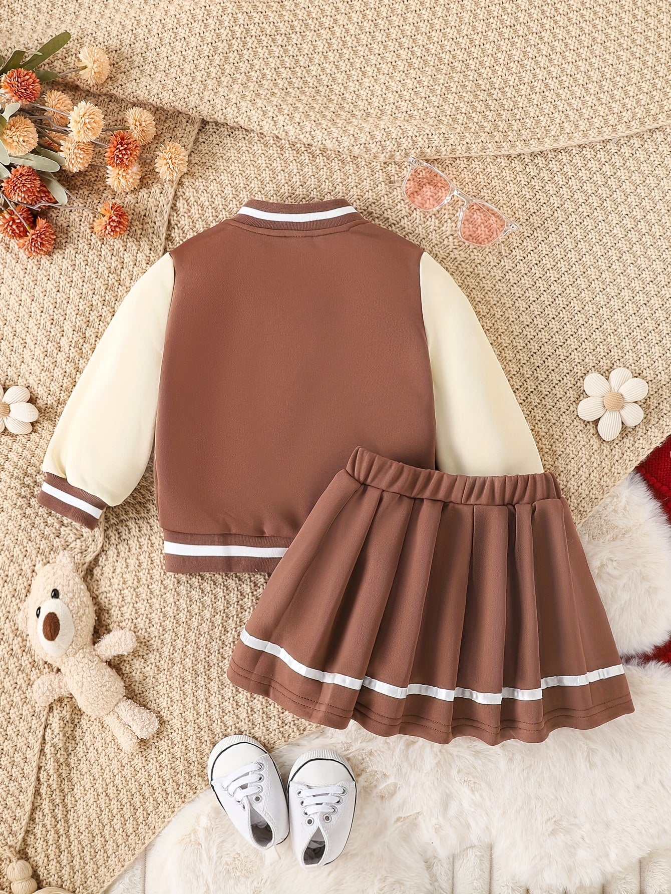 Preppy Style Girls 2pcs BABY GIRL Print Baseball Jacket + Pleated Skirt Outdoor Set For Party Sports Gift