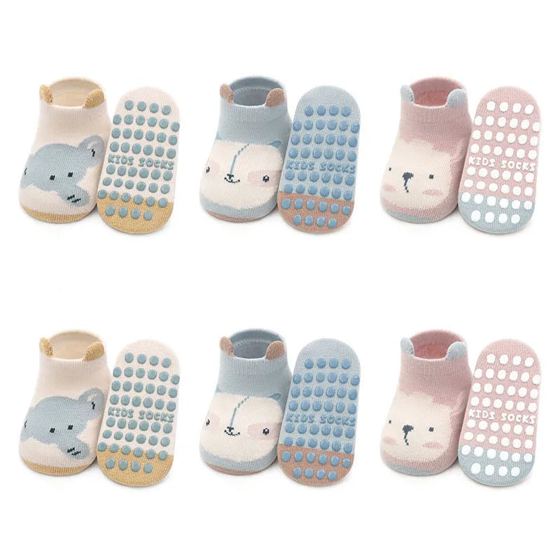 6 Pairs Kids Cotton Socks Non-slip Boys and Girls Cute Cartoon Animal Patterned Comfy Breathable Baby Floor Socks