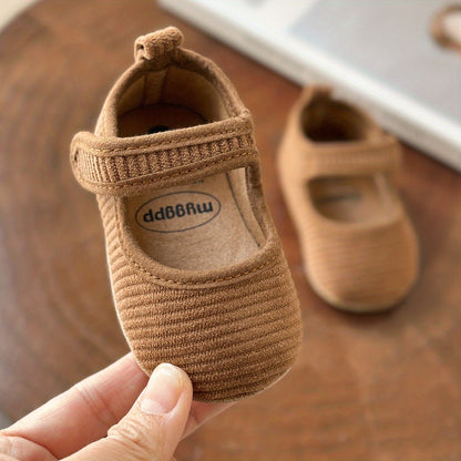 Newborn Baby Girls Geometric Patterned Corduroy Crib Shoes with Breathable TPR Sole, Hook-and-Loop Fastener and Spike Embellishment for All-Season Wear