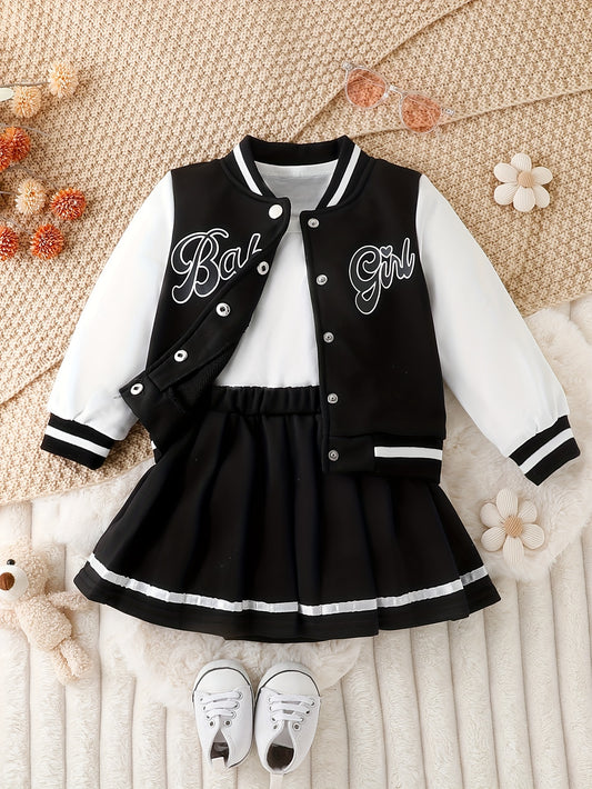 Preppy Style Girls 2pcs BABY GIRL Print Baseball Jacket + Pleated Skirt Outdoor Set For Party Sports Gift