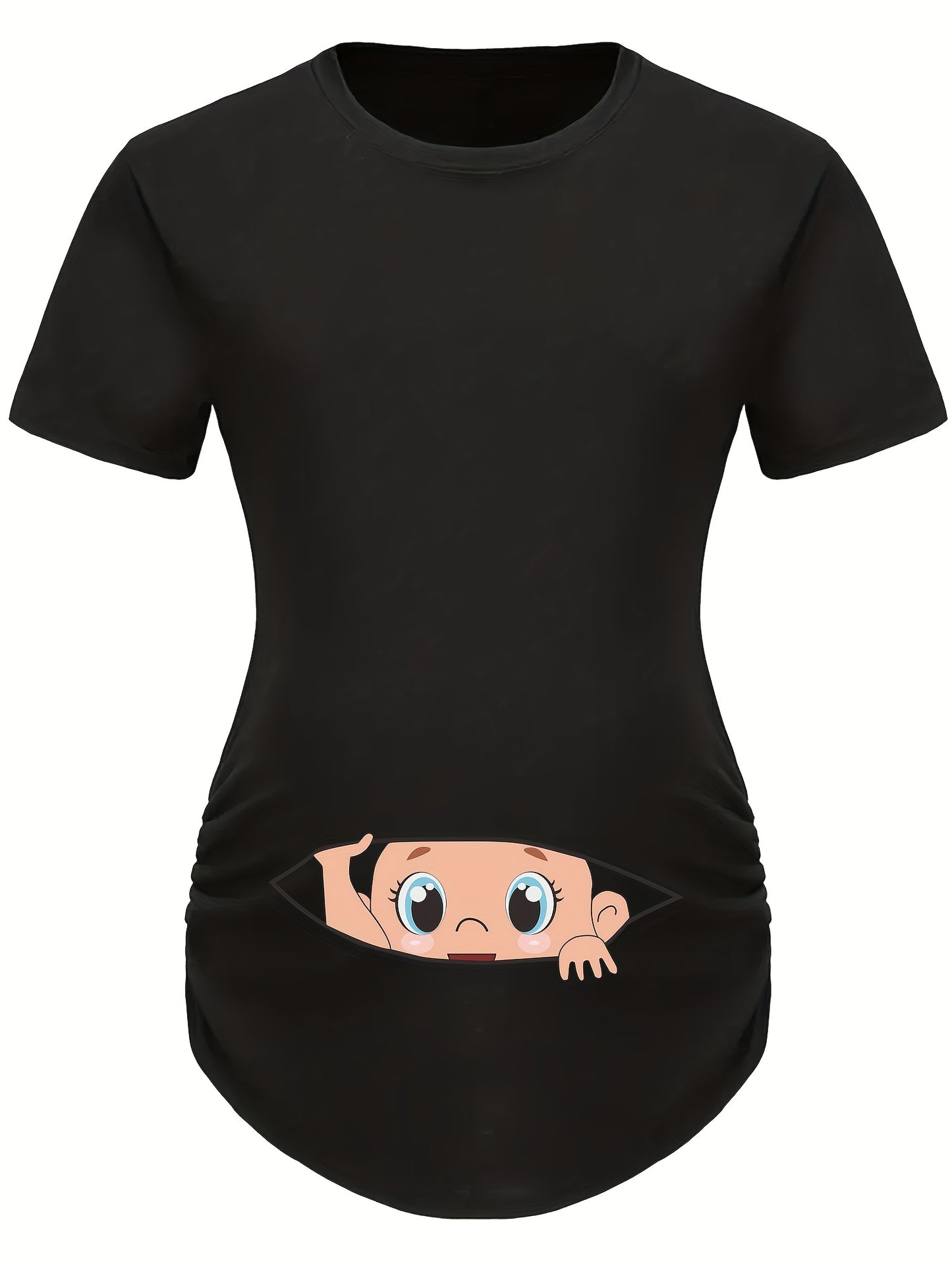 Letter Printed Short-sleeved Maternity Wear Black Maternity T-shirt With Big-eyed Baby Pattern