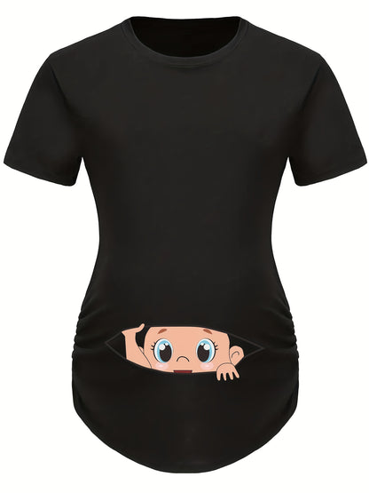 Letter Printed Short-sleeved Maternity Wear Black Maternity T-shirt With Big-eyed Baby Pattern