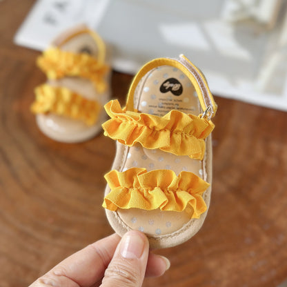 Floral Non-slip Baby Girl Sandals with Ruffle Trim – Comfy Open Toe Toddler Princess Shoes for Spring/Summer