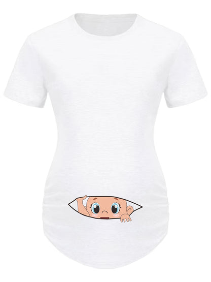 Letter Printed Short-sleeved Maternity Wear Black Maternity T-shirt With Big-eyed Baby Pattern