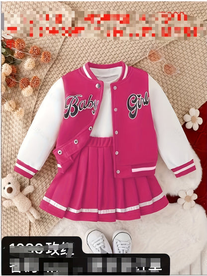 Preppy Style Girls 2pcs BABY GIRL Print Baseball Jacket + Pleated Skirt Outdoor Set For Party Sports Gift