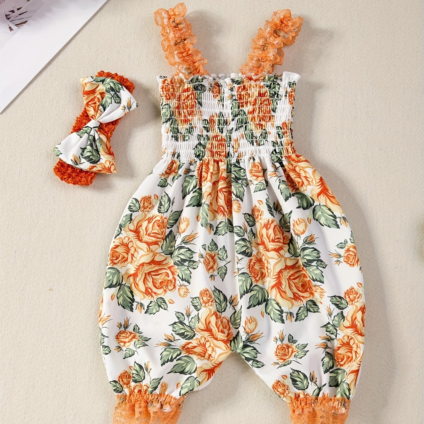 2pcs Baby Girl Summer Outfit Set - Sleeveless Smock Dress & Matching Hair Clips, Lightweight White & Blue Floral Romper, Non-Stretch Breathable Fabric for Photoshoots, Beach & Casual Attire (Hand Washable), Perfect for Outdoo