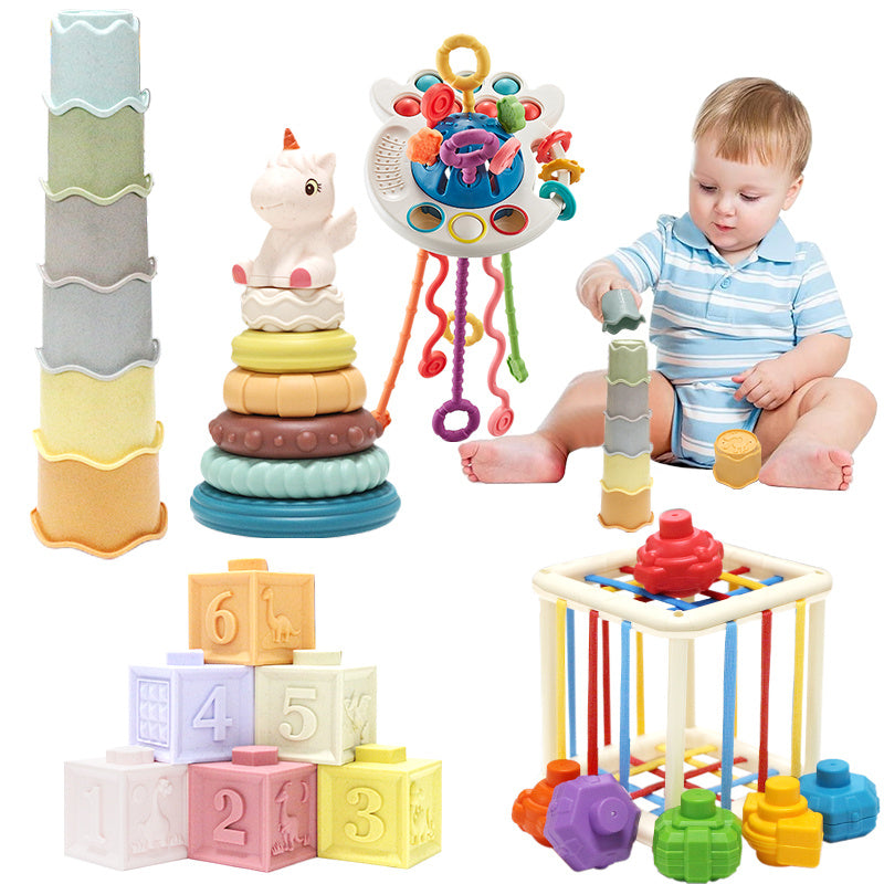 5-In-1 Baby Toy Collection - Soft Rubber Chew Toys, Cartoon Octopus Pull Toy, Stacking Toys, Ideal for Gifts for Babies Aged 6-18 Months, Christmas Gifts for Soothing Babies