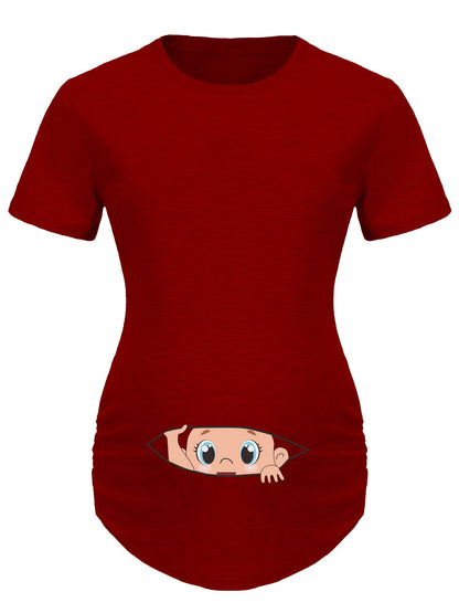 Letter Printed Short-sleeved Maternity Wear Black Maternity T-shirt With Big-eyed Baby Pattern