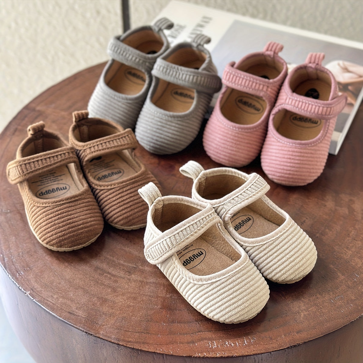Newborn Baby Girls Geometric Patterned Corduroy Crib Shoes with Breathable TPR Sole, Hook-and-Loop Fastener and Spike Embellishment for All-Season Wear