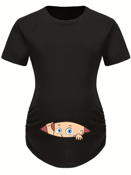 Letter Printed Short-sleeved Maternity Wear Black Maternity T-shirt With Big-eyed Baby Pattern