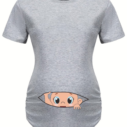 Letter Printed Short-sleeved Maternity Wear Black Maternity T-shirt With Big-eyed Baby Pattern
