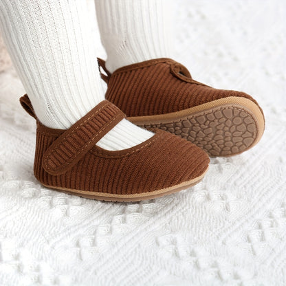 Newborn Baby Girls Geometric Patterned Corduroy Crib Shoes with Breathable TPR Sole, Hook-and-Loop Fastener and Spike Embellishment for All-Season Wear