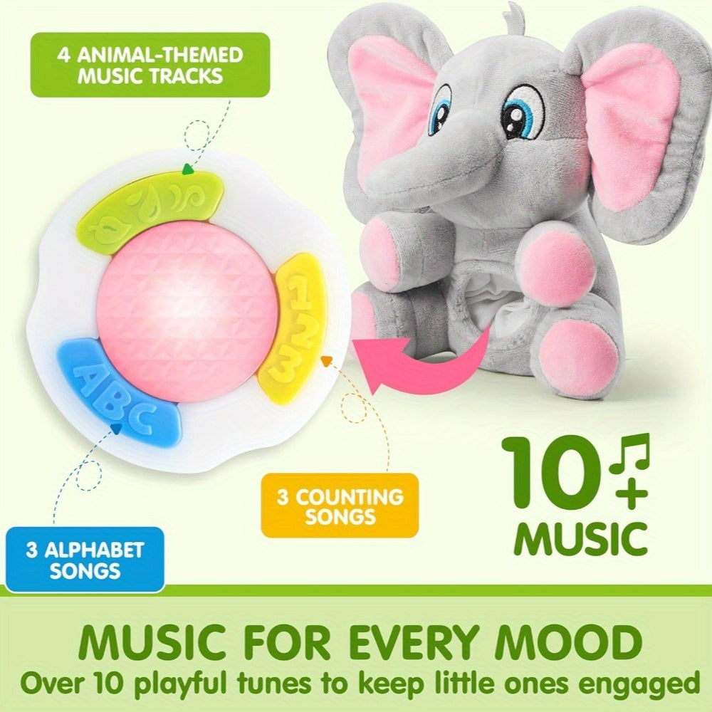 SYNCFUN Musical Elephant Plush Baby Toy with Music & Lights - Interactive Stuffed Animal with 12 Song Library, Soft Sensory Toy with Heart-Shaped Light & Expressive Eyes, Safe for 6+ Months, Motor Skill Development Gift for B