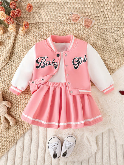 Preppy Style Girls 2pcs BABY GIRL Print Baseball Jacket + Pleated Skirt Outdoor Set For Party Sports Gift