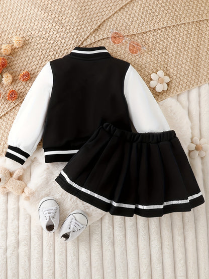 Preppy Style Girls 2pcs BABY GIRL Print Baseball Jacket + Pleated Skirt Outdoor Set For Party Sports Gift