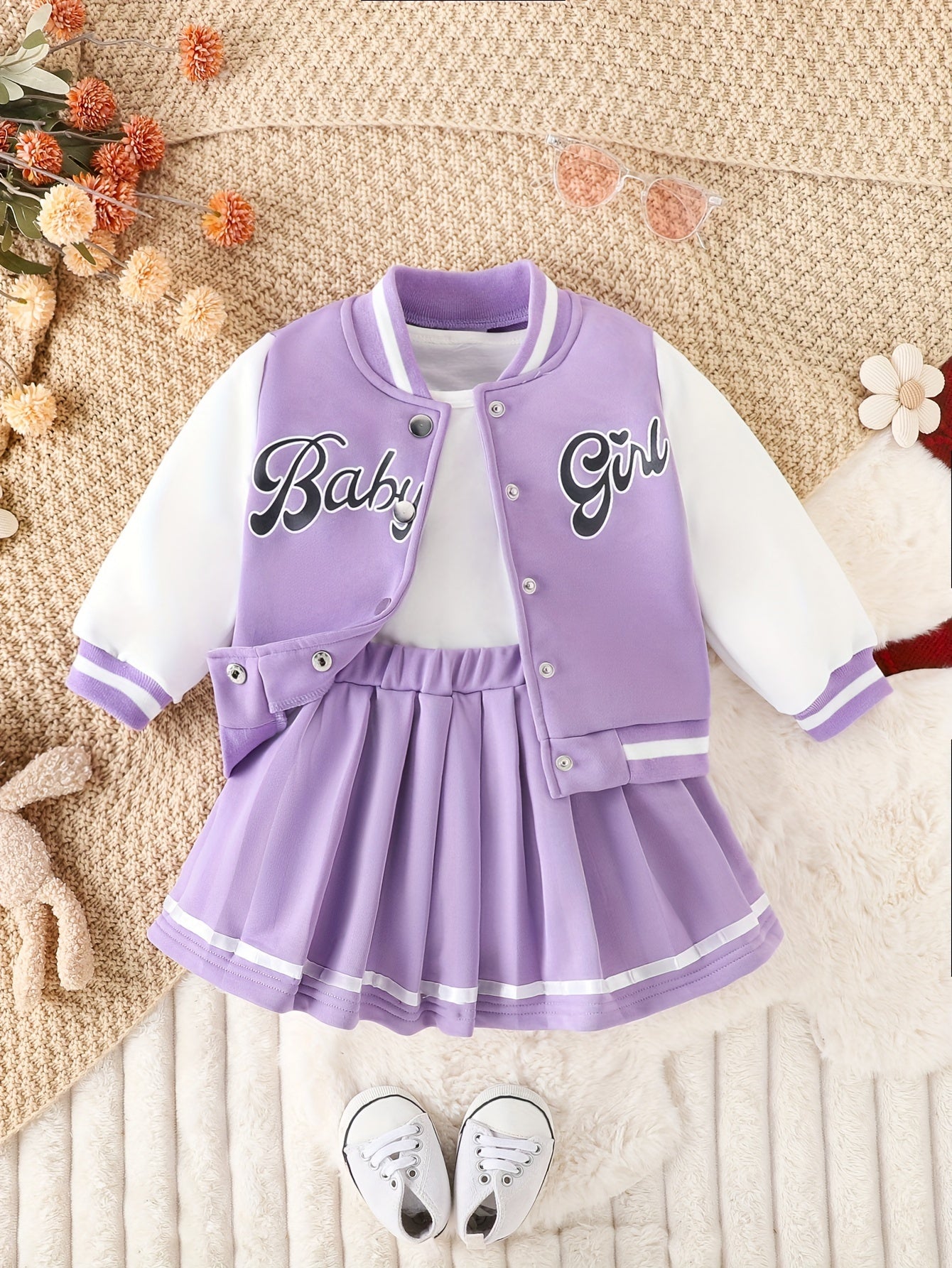 Preppy Style Girls 2pcs BABY GIRL Print Baseball Jacket + Pleated Skirt Outdoor Set For Party Sports Gift