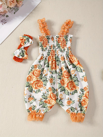 2pcs Baby Girl Summer Outfit Set - Sleeveless Smock Dress & Matching Hair Clips, Lightweight White & Blue Floral Romper, Non-Stretch Breathable Fabric for Photoshoots, Beach & Casual Attire (Hand Washable), Perfect for Outdoo