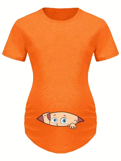 Letter Printed Short-sleeved Maternity Wear Black Maternity T-shirt With Big-eyed Baby Pattern