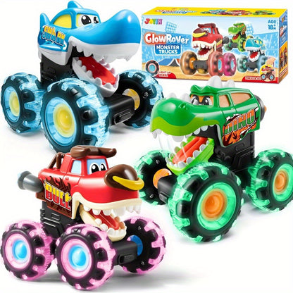 [3 Pack Monster Truck] 3 Pack Monster Truck Toy | Motion Activated Light-Up Cars For Toddlers - Monster Treads Lightning Wheels | Baby Toy Present - Press & Go Cars For Boys Girls Birthday Gifts Easter Basket Stuffer