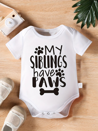 Infant Baby Boys "My Siblings Have Paws" Short Sleeve Onesie Clothes, Suitable For Indoor And Outdoor Wear