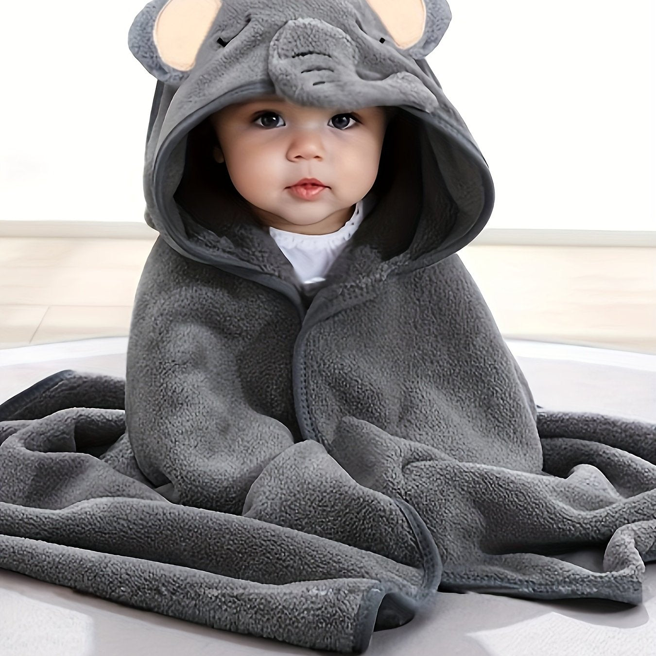 Super Absorbent Microfiber Baby Bathrobe - Adorable Elephant Hooded Towel with Matching Hat, Soft & Cozy for Boys and Girls 0-2 Years, Cartoon Design, Machine Washable, Baby Bath Accessories