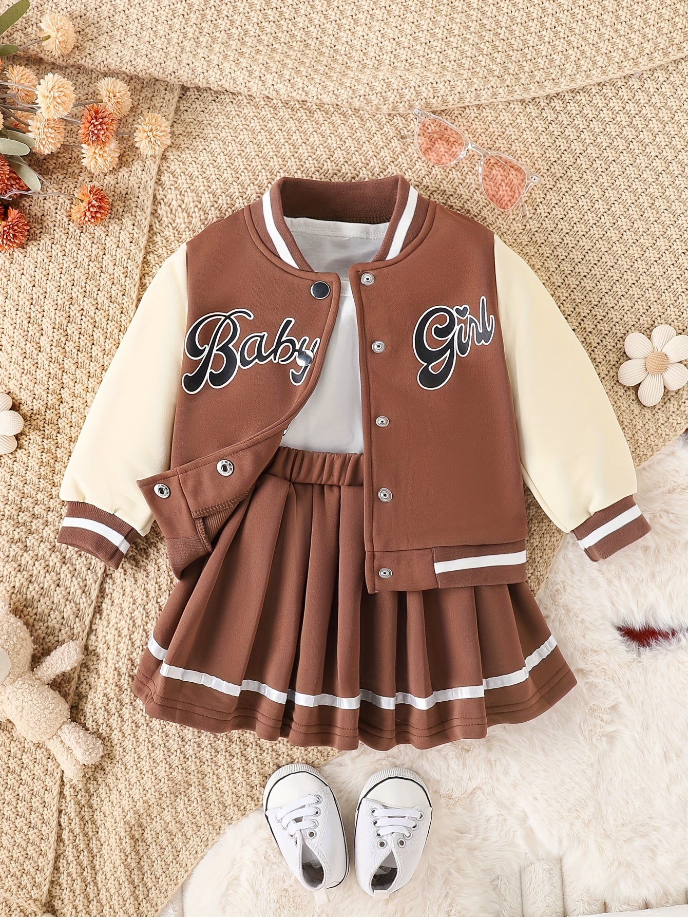 Preppy Style Girls 2pcs BABY GIRL Print Baseball Jacket + Pleated Skirt Outdoor Set For Party Sports Gift