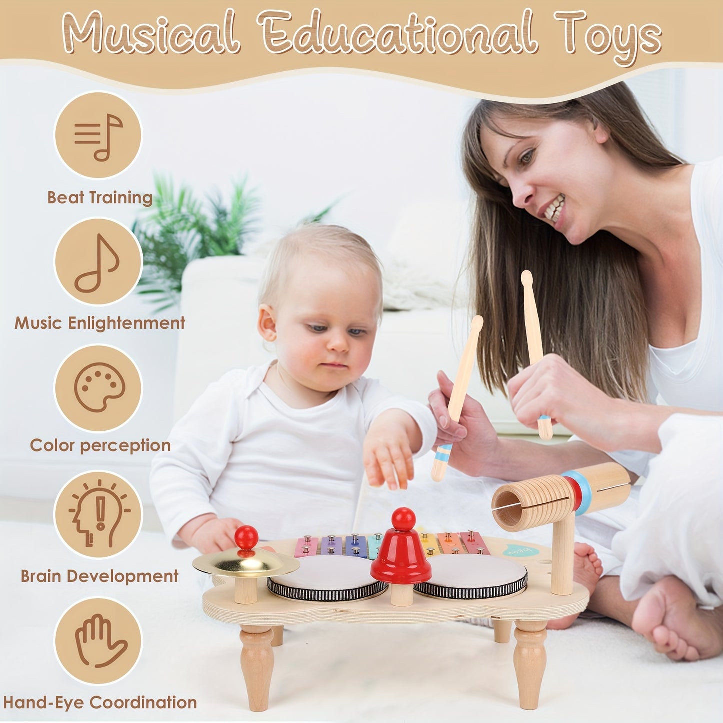 Children's Drum Kit, 10-in-1 Musical Instruments Children From 1 2 3 Years With Xylophone, Baby Toy, Children's Toy, Wooden Toy For Easter, Christmas, Gift For Boys And Girls