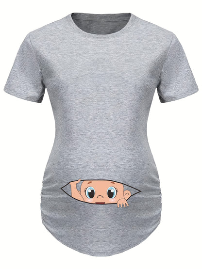 Letter Printed Short-sleeved Maternity Wear Black Maternity T-shirt With Big-eyed Baby Pattern