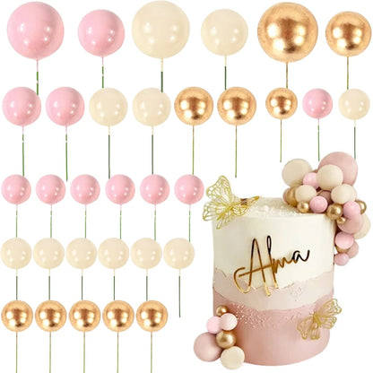 32Pcs Pink Gold Ball Cake Toppers Set Pearl Ball Cupcake Topper Flags for Kids Birthday Party Wedding Decorations Baby Shower