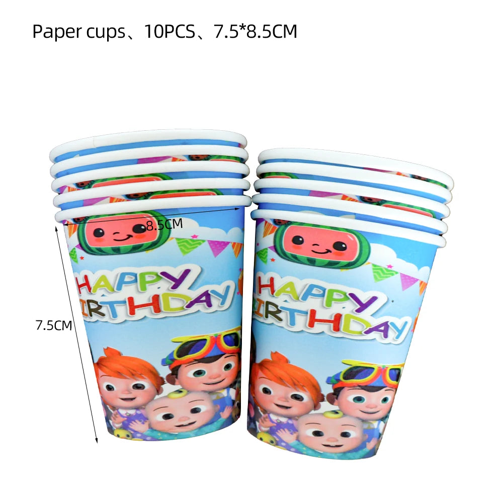 Cartoon JJ Melon Birthday Party Decorations Disposable Tableware Cup Plate Tablecloth Cake Topper Balloon for Kids Baby Shower