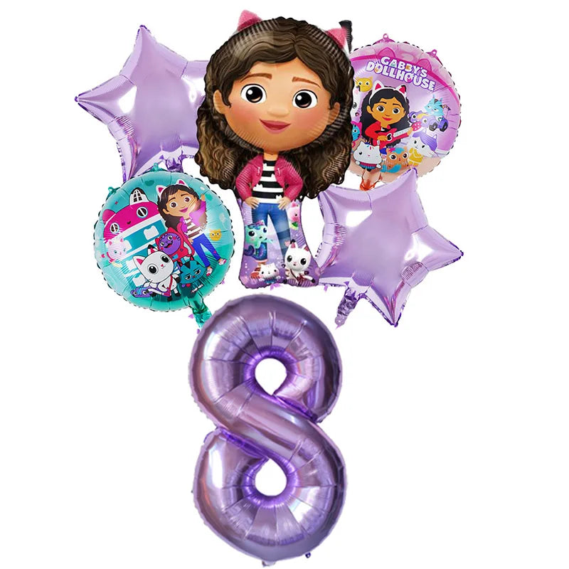 6pcs Gabby DollHouse Balloons Set Cartoon Girls Birthday Party Decoration Supplies Baby Shower Helium Globos