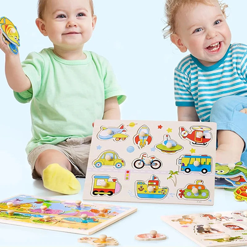 ﻿﻿Montessori Wooden Hand Grab Boards Baby Educational Cartoon Vehicle Animals Fruits 3D Puzzles Kids Early Education Toys TMZ﻿