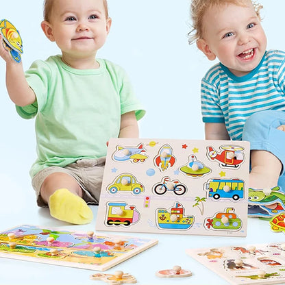 ﻿﻿Montessori Wooden Hand Grab Boards Baby Educational Cartoon Vehicle Animals Fruits 3D Puzzles Kids Early Education Toys TMZ﻿