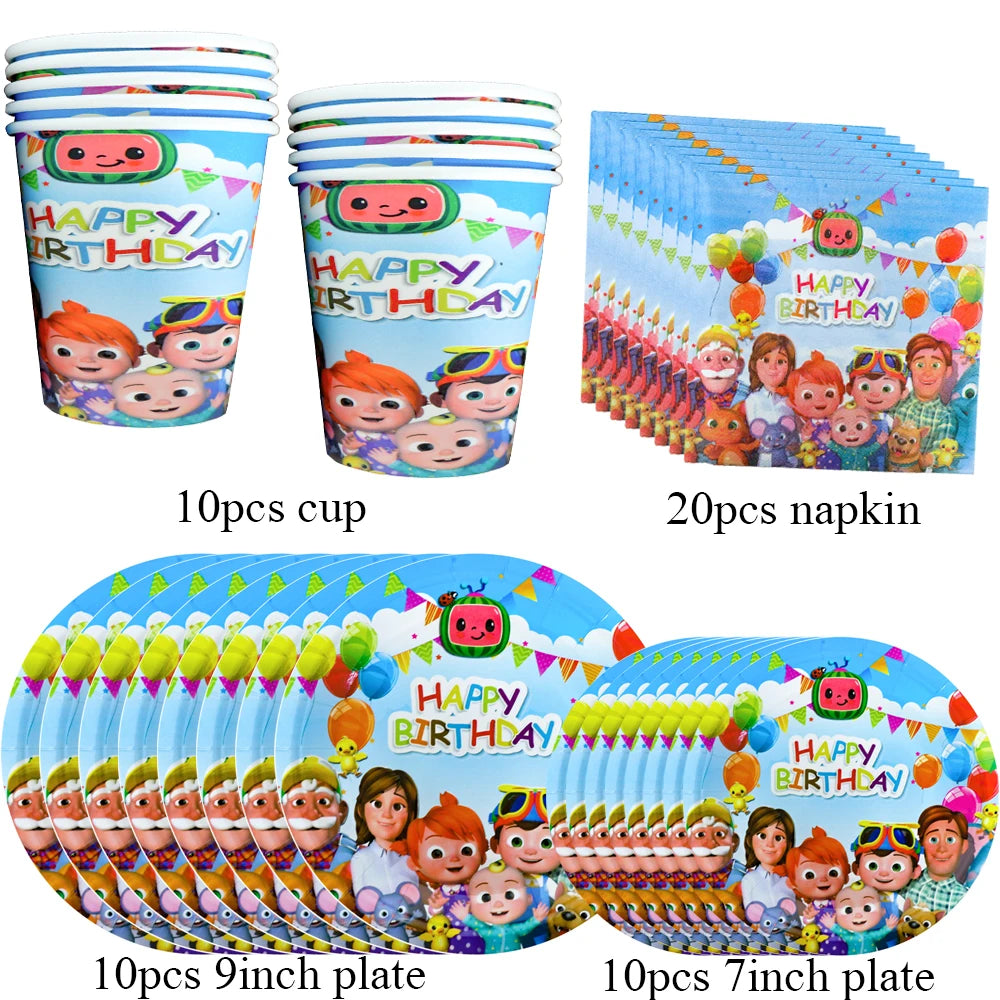 Cartoon JJ Melon Birthday Party Decorations Disposable Tableware Cup Plate Tablecloth Cake Topper Balloon for Kids Baby Shower