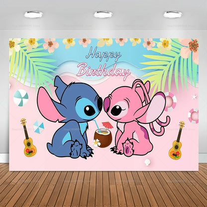 Cartoon Lilo&Stitch Party Backdrops Children's Happy Birthday Decoration Photographic Ocean Flower Background Baby Shower Banner