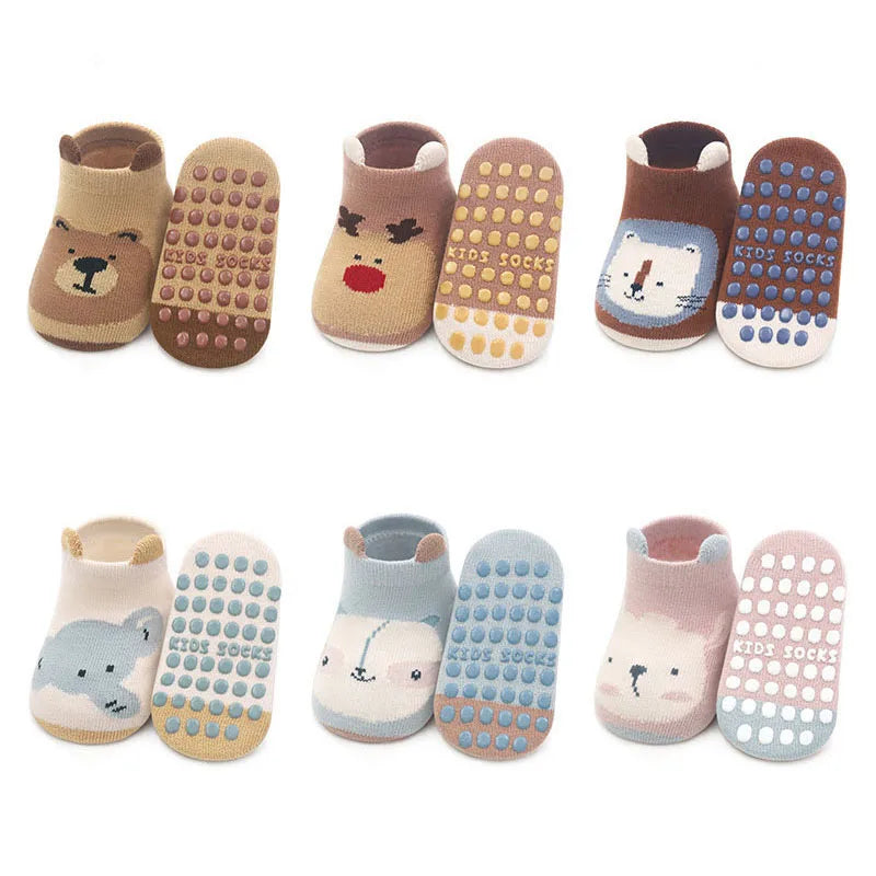 6 Pairs Kids Cotton Socks Non-slip Boys and Girls Cute Cartoon Animal Patterned Comfy Breathable Baby Floor Socks