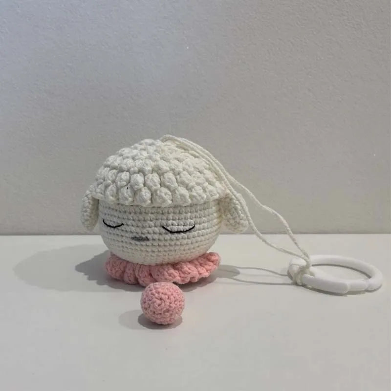 Handmade Crochet Bear Animal Head Knitting Rattle With Music DIY Baby Infant Newborn Teether Sensory Toy