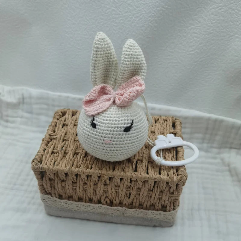 Handmade Crochet Bear Animal Head Knitting Rattle With Music DIY Baby Infant Newborn Teether Sensory Toy