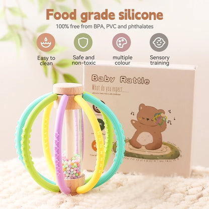 Baby Rattle Toy Wooden Rain Drum With Silicone Baby Sensory Touch Toy Newborn Dental Care Gum Anti-eating Hand Molar Stick Gif