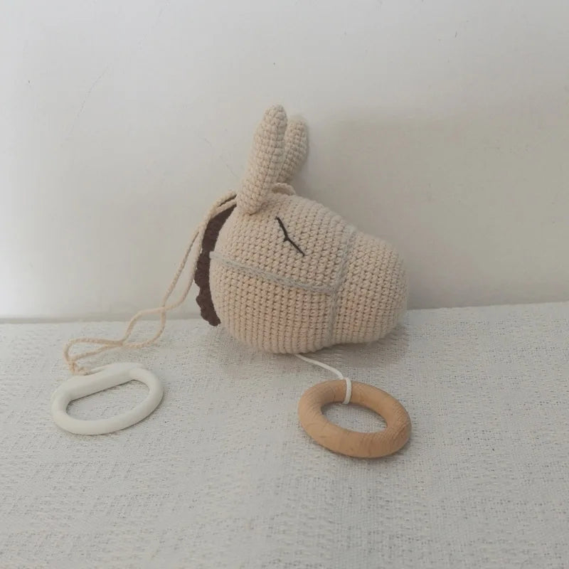 Handmade Crochet Bear Animal Head Knitting Rattle With Music DIY Baby Infant Newborn Teether Sensory Toy