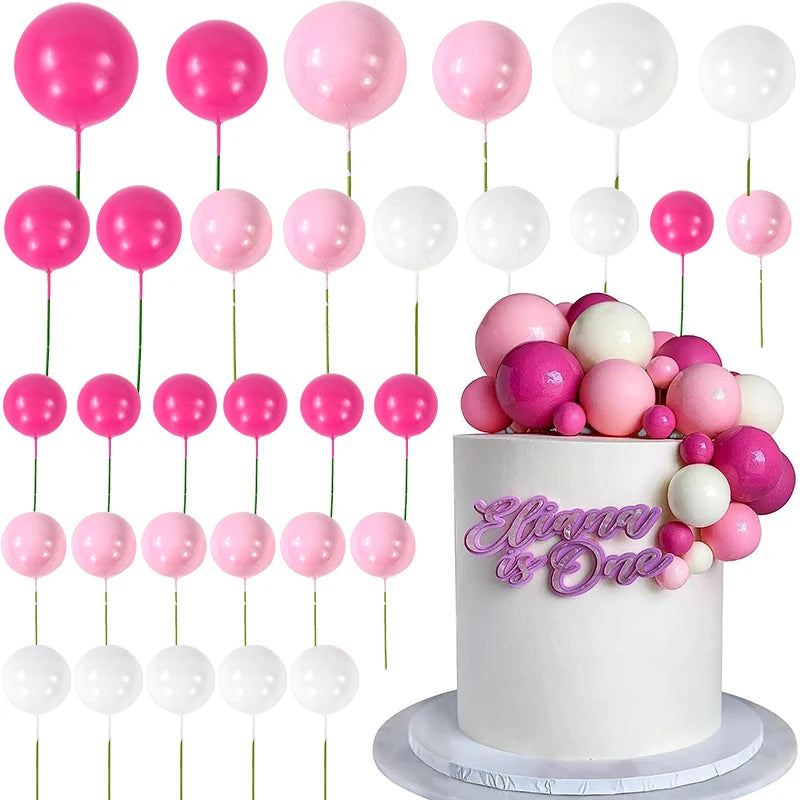 32Pcs Pink Gold Ball Cake Toppers Set Pearl Ball Cupcake Topper Flags for Kids Birthday Party Wedding Decorations Baby Shower