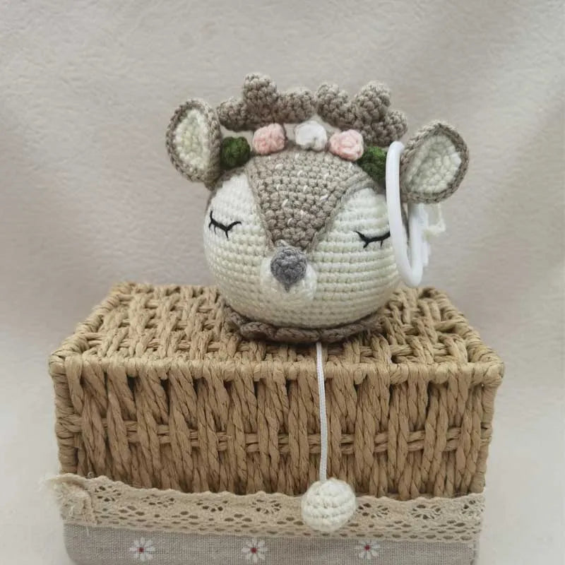 Handmade Crochet Bear Animal Head Knitting Rattle With Music DIY Baby Infant Newborn Teether Sensory Toy