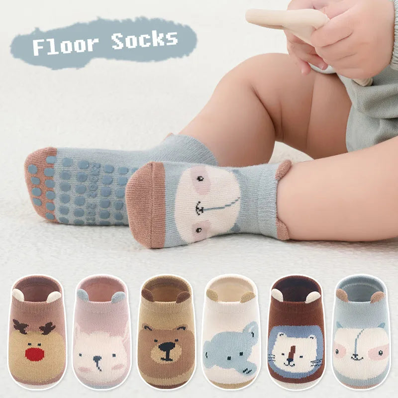 6 Pairs Kids Cotton Socks Non-slip Boys and Girls Cute Cartoon Animal Patterned Comfy Breathable Baby Floor Socks
