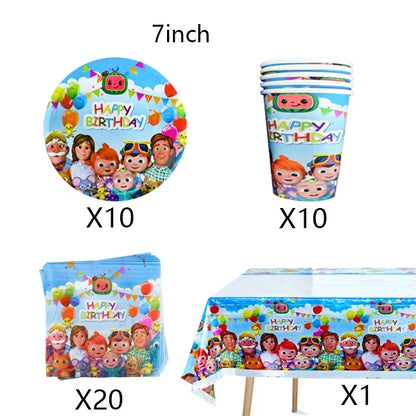 Cartoon JJ Melon Birthday Party Decorations Disposable Tableware Cup Plate Tablecloth Cake Topper Balloon for Kids Baby Shower