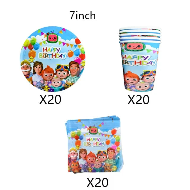 Cartoon JJ Melon Birthday Party Decorations Disposable Tableware Cup Plate Tablecloth Cake Topper Balloon for Kids Baby Shower