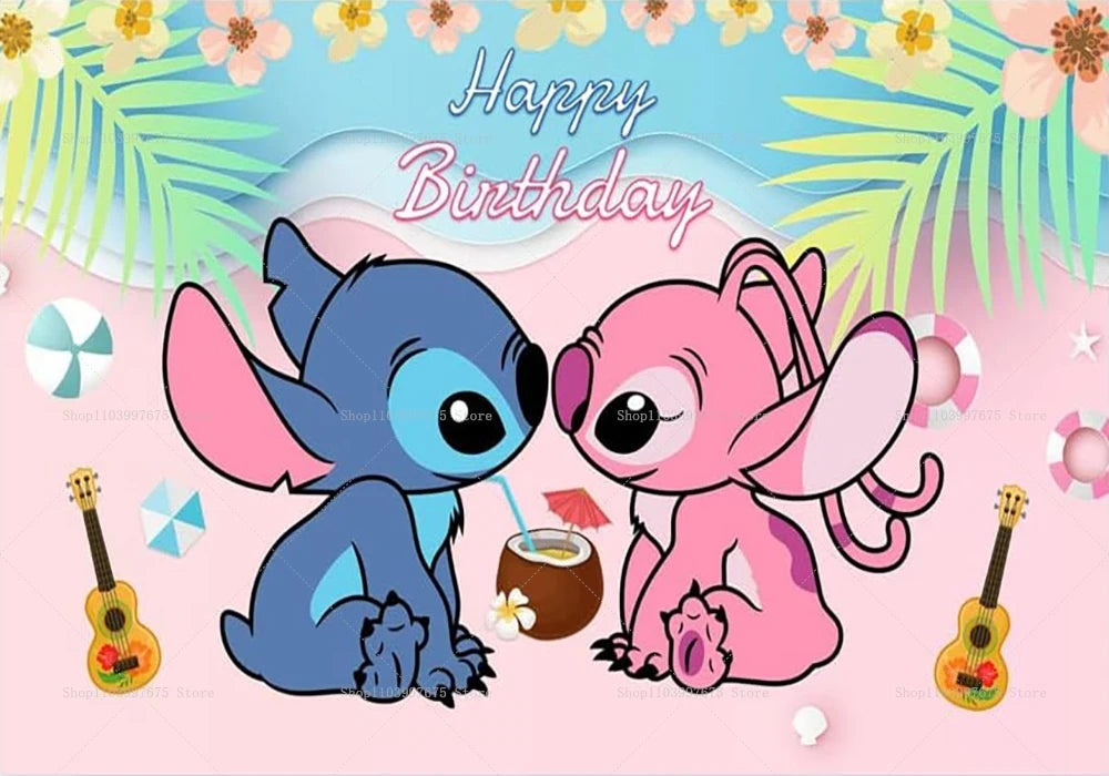 Cartoon Lilo&Stitch Party Backdrops Children's Happy Birthday Decoration Photographic Ocean Flower Background Baby Shower Banner