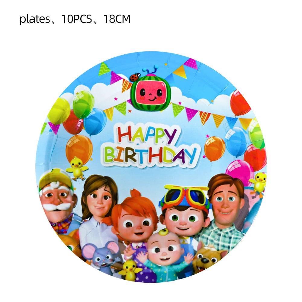 Cartoon JJ Melon Birthday Party Decorations Disposable Tableware Cup Plate Tablecloth Cake Topper Balloon for Kids Baby Shower
