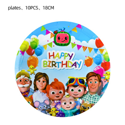 Cartoon JJ Melon Birthday Party Decorations Disposable Tableware Cup Plate Tablecloth Cake Topper Balloon for Kids Baby Shower