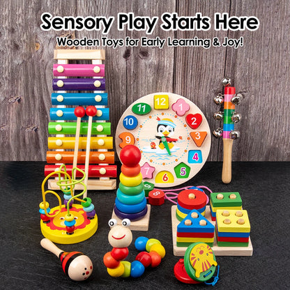 Montessori Baby Toys 9 in 1 Wooden Musical Set: Xylophone Rattle Drum Bell 3D Puzzles Sensory Learning Gifts for 0-12 Months 1-3
