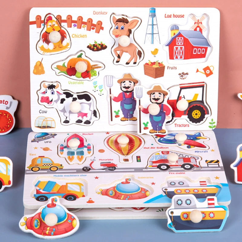 ﻿﻿Montessori Wooden Hand Grab Boards Baby Educational Cartoon Vehicle Animals Fruits 3D Puzzles Kids Early Education Toys TMZ﻿